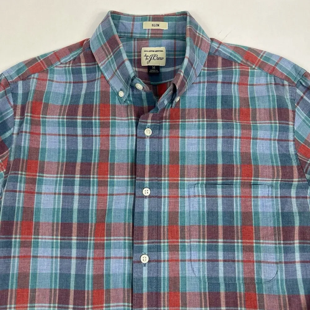 J Crew Slim 100% Cotton Shirting Blue Plaid Long Sleeve Button Shirt Men Medium